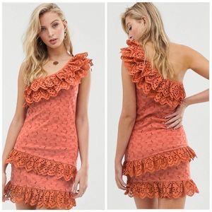 Asos tiered one shoulder broderie sundress in rust